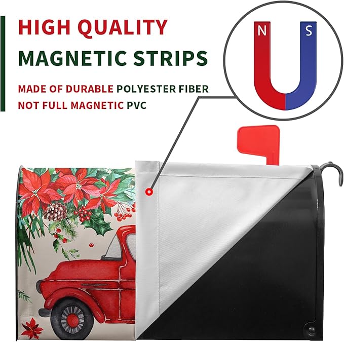 Christmas Red Truck Mailbox Covers Magnetic 21x18 Inches Standard Size Xmas Winter Mailbox Cover Post Letter Box Wraps for Outside Garden Yard Outdoor Christmas Decorations