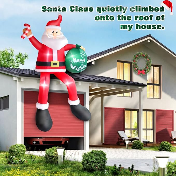 8FT Inflatable Sitting Santa Claus Christmas Outdoor Decorations, Blow Up Santa Claus with Gift Bag Sitting on Roof Wall Tree Chair, Xmas Outdoor/Indoor Decorations for Street House Patio Bench Shrubs