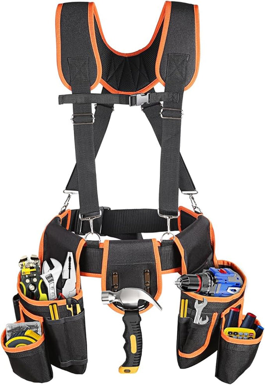 Tool Belt with Suspenders, Professional Tool Belt for Men, 18-Pocket Adjustable Heavy Duty Tool Organizer for Electrician, Carpenter, Framer, Construction Worker, Black & Orange (32''–66'')