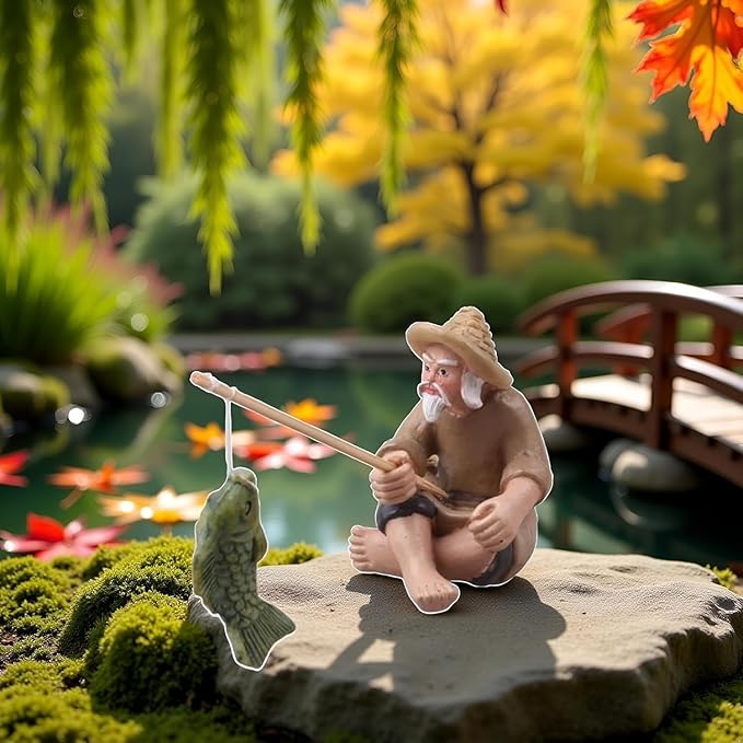 2Pcs Miniature Fisherman Figurine, Chinese Mudman Sitting Garden Statue, Outdoor Ornament Decor