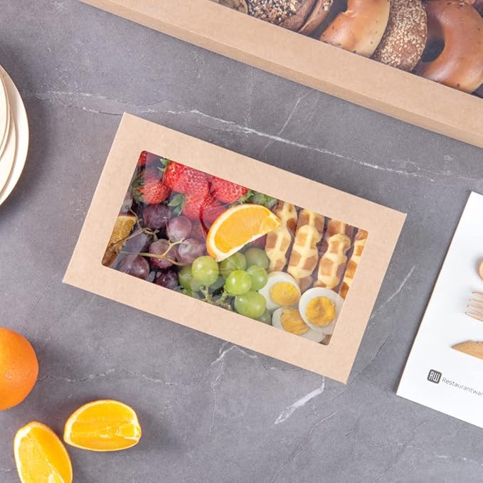 Restaurantware Cater Tek 10.2 x 6.1 x 3.2 Inch Catering Boxes 10 Insert Tab Lock Baked Goods Boxes - Window Lids Easy Assembly Kraft Paper Window Pastry Boxes For Charcuterie Or Cupcakes