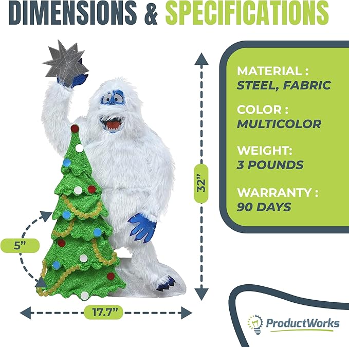 ProductWorks 32 Inch Bumble The Abominable Snow Monster and Christmas Tree Indoor/Outdoor Yard Ornament, Holiday Display with 70 Clear LED Lights