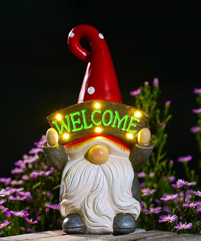 Nacome Solar Gnome Statue for Garden Decor: Outside Sculpture with Welcome Sign Clearance for Yard Art Lawn Ornaments Porch Patio Balcony - Birthday Gifts for Grandma Mom Women(Red)