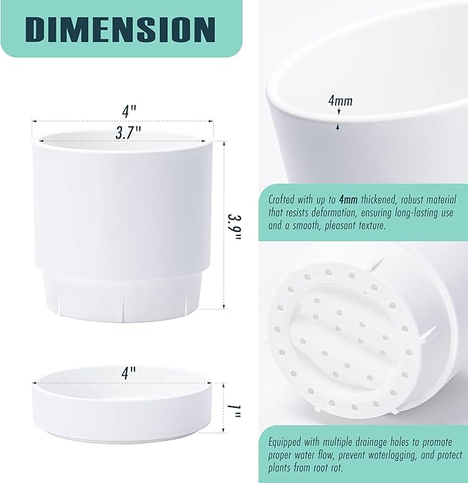 4 Inch Modern Plastic Round Pots for Indoor Houseplants and Herbs, Pack of 3 Planter Pot with Drainage Hole & Saucer, Deep Water Catch Tray, Straight Cylindrical Pot for Plants, Matte White, 23-D-R-1