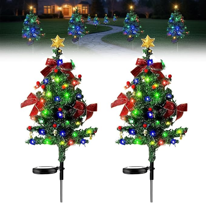 Solar Christmas Trees for Outside, Waterproof Solar Powered Christmas Tree Garden Stake Lights for Outdoor Pathway, Yard & Patio Holiday Decorations (2PC)