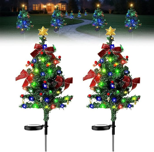 Solar Christmas Trees for Outside, Waterproof Solar Powered Christmas Tree Garden Stake Lights for Outdoor Pathway, Yard & Patio Holiday Decorations (2PC)