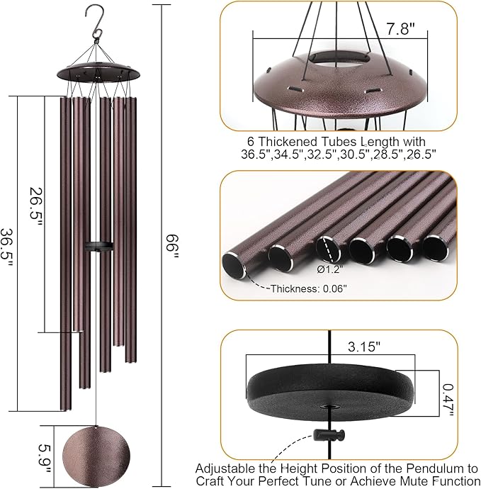 66" Large Wind Chimes for Outside Deep Tone, 6 Thickened ⌀ 1.2" Tubes Tuned Relaxing Melody Wind Chime, Windchimes Outdoors for Garden Patio Decor, Great Gift Idea for Your Loved One (Bronze, 66")