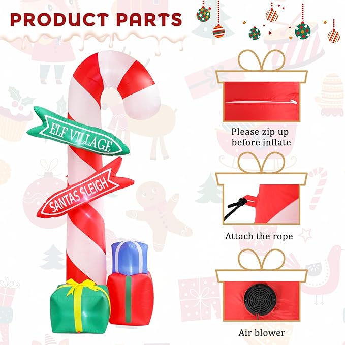 MUMTOP 9 Ft Tall Christmas Inflatables Outdoor Decorations, Inflatables Candy Cane with Road Sign Blow up Merry Christmas Bag Yard Decoration Built-in LED Lights for Outdoor Party Holiday Decor