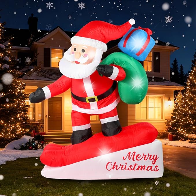 6FT Christmas Inflatables Decorations Outdoor，Blow Up Skiing Santa Claus with Built-in LEDs Lights for Indoor Holiday Party Yard Garden Lawn Décor