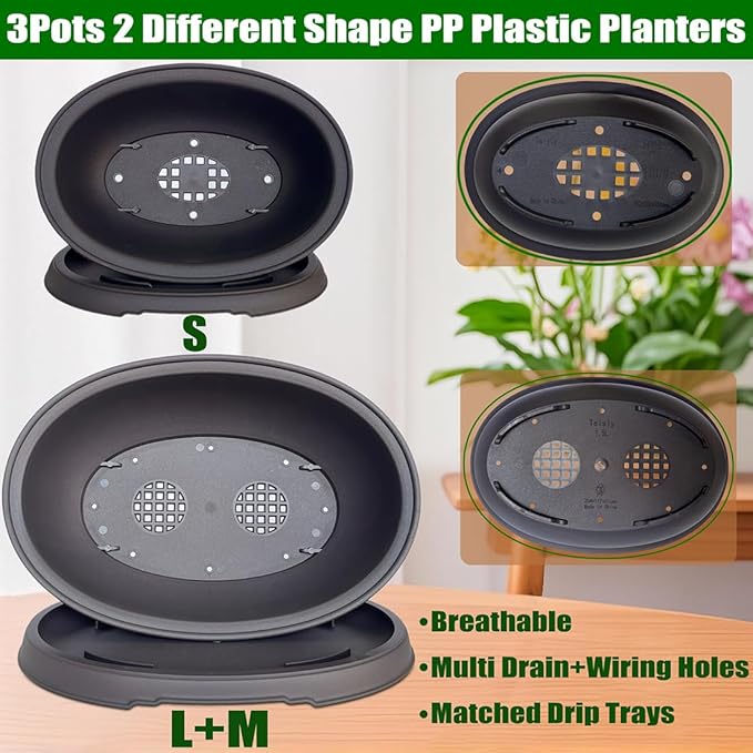MUZHI 3 Pack Mixed Size Oval Bonsai Planter Pot with Drainage Tray, Matte Finish Ellipse Plastic Bonsai Succulent Growing Pot for Home Garden Plant Container 9.1” 7.2” 5.2”
