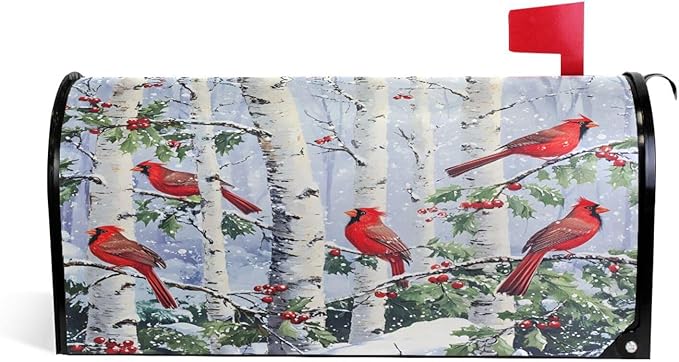 SUABO Mailbox Cover Red Cardinals Perched Oversize Magnetic Mailbox Covers Wraps for Christmas Home Yard Garden Decor