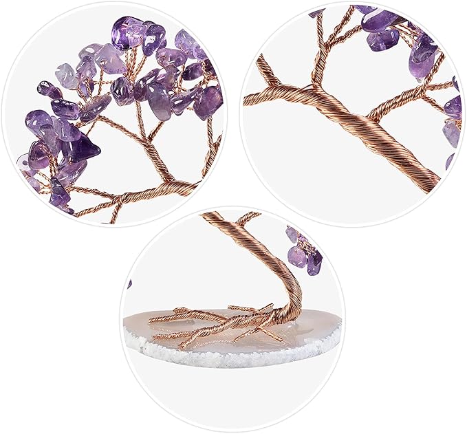 mookaitedecor Natural Amethyst Crystal Money Tree Agate Slice Base Feng Shui Bonsai Crystal Tree for Wealth Luck Desk Decor, 3-4 Inch High