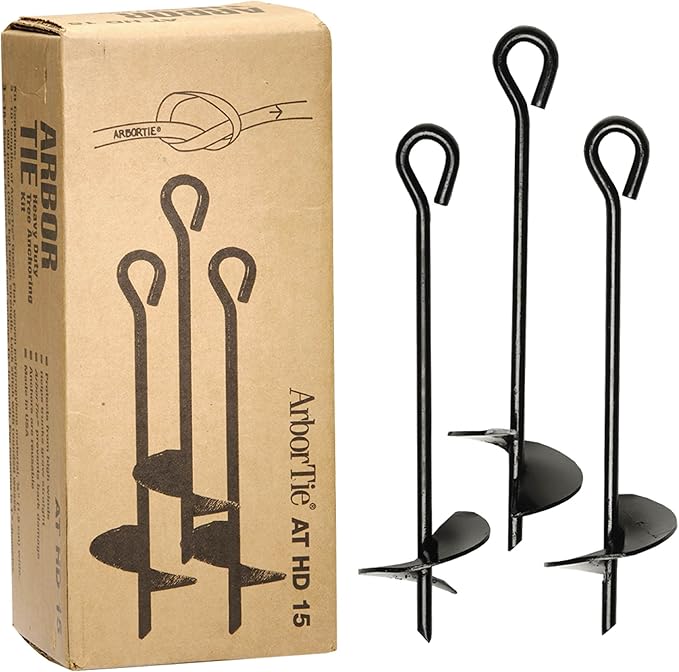 DeepRoot ArborTie Heavy-Duty Ground Anchoring Kit for Tree Support, Includes Three 10’ ArborTie Green and Three 15” Steel Eye Earth Anchors, Versatile Tree Stake Kit, Landscaping Stakes (AT HD15)