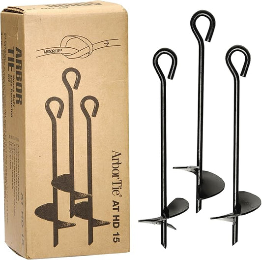DeepRoot ArborTie Heavy-Duty Ground Anchoring Kit for Tree Support, Includes Three 10’ ArborTie Green and Three 15” Steel Eye Earth Anchors, Versatile Tree Stake Kit, Landscaping Stakes (AT HD15)