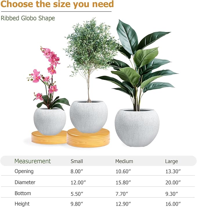 12.8" H x 16" D Globo Fiberstone Round Planter - Christmas Tree Planter, Ribbed Finish, Planters for Indoor Plants & Outdoor, 2 Extra Coco Mats (Speckled White, 10.7" Pot Opening)