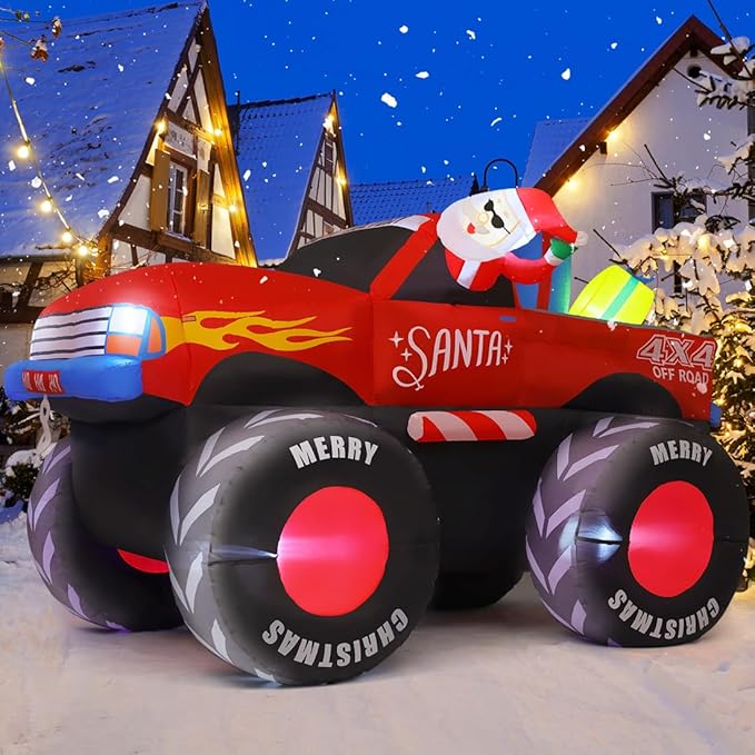 GOOSH 7.5 FT Long Christmas Inflatables Monster Truck Outdoor Decorations Blow Up Yard Santa Claus with Presents on Truck with Built-in LEDs for Garden Lawn Indoor Party Décor