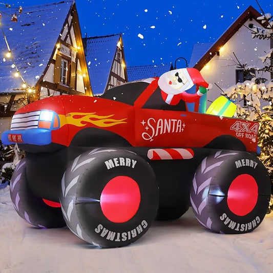 GOOSH 7.5 FT Long Christmas Inflatables Monster Truck Outdoor Decorations Blow Up Yard Santa Claus with Presents on Truck with Built-in LEDs for Garden Lawn Indoor Party Décor