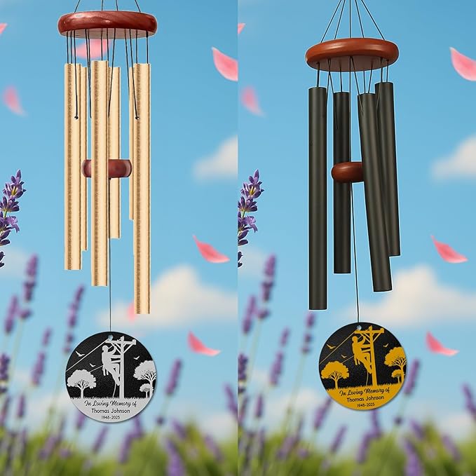 Personalized Lineman Memorial Wind Chime – “in Loving Memory of” Custom Name & Years – Sympathy Gift for Utility Worker Families – Memorial Windchimes for Loss of Loved One – Garden Remembrance Décor