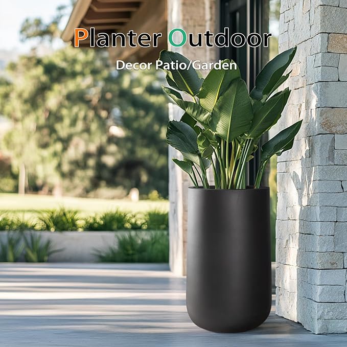 Concrete Tall Planter Outdoor Indoor, Large Cement Plant Pots for Trees Flowers (Black, 24 inch)