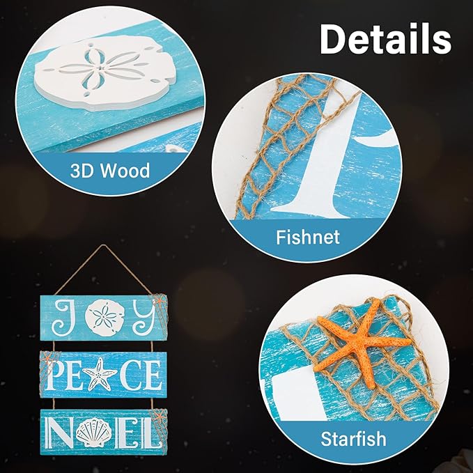 JQAQJU Beach Christmas Wall Decor for Coastal Christmas Ornaments With Starfish, 3D Nautical Christmas Decorations Ocean Signs For Porch Bathroom Indoor Home