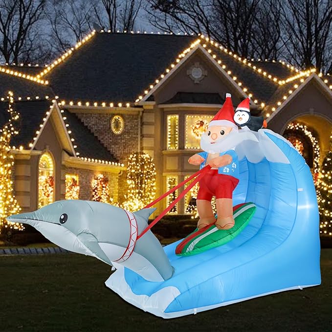 MUMTOP 7.55FT Long Christmas Inflatables Outdoor Decorations, Inflatables Surfing Santa Claus with Penguin Dolphin Blow up Christmas Yard Decoration Built-in LED Lights for Outdoor Party Holiday Decor