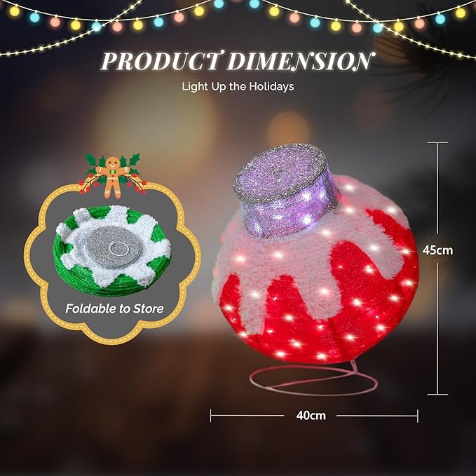 VINGLI 4 Packs Pop Up Ornaments Collapsible Christmas Decorations with 320 LED Lights, 18in Pre Lit Christmas Ball Holiday Decor for Indoor Outdoor Lawn Garden Patio, 4 Packs