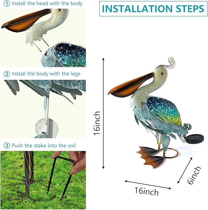 HONGLAND Solar Metal Pelican Statues Garden Sculpture & Statues, 17 Inch Glass Outdoor Pelican Yard Art Coastal Ocean Bird Decor Lawn Ornament for Backyard Porch Patio Decor（Blue-Green）