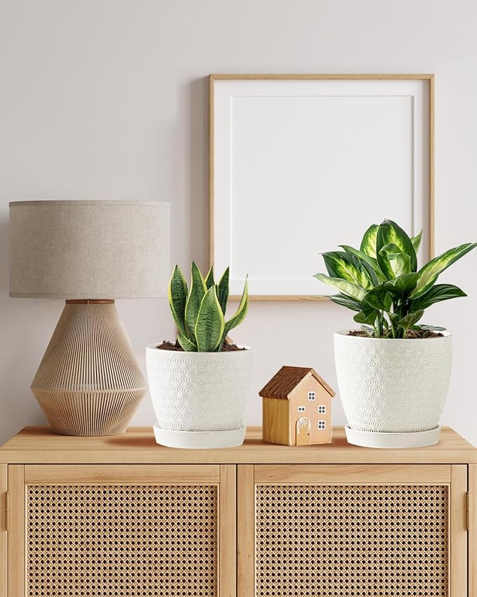 Plant Pots, Flower Pots, Planters for Indoor Plants(6.5+5.5inch), Flower Pots for Indoor Plants with Drainage Hole and Saucer, Ceramic Pots for Plant with Hole Mesh Pad,White