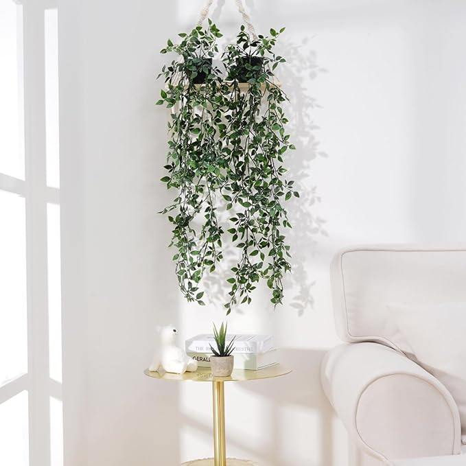 BLEUM CADE Fake Hanging Plants, 2pcs Artificial Hanging Potted Plant, Faux Mandala Vines Hanging Plant Greenery for Wall Shelf Home Living Room Indoor Outdoor Decor