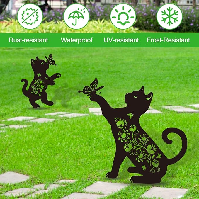 Cat Garden Stake Outdoor Set of 2 Metal Black Cat Yard Decor Lawn Ornament, Cute Cat Lover Gift for Women Men, Weather-Resistant Black Cat Silhouette Statues Yard Art for Patio