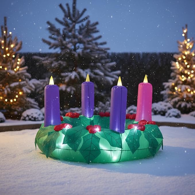 6ft Christmas Outdoor Large Inflatable Advent Wreath Blow up Decor with 4 Candles & LED Lights, Pre Filled Sandbags & Blower for Yard, Church, Lawn Decoration
