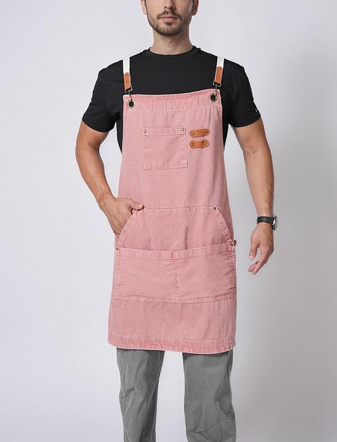 Denim Bbq Apron for Men Women with Pockets Adjustable Cross Back Chef Aprons for Kitchen Cooking Grilling Working