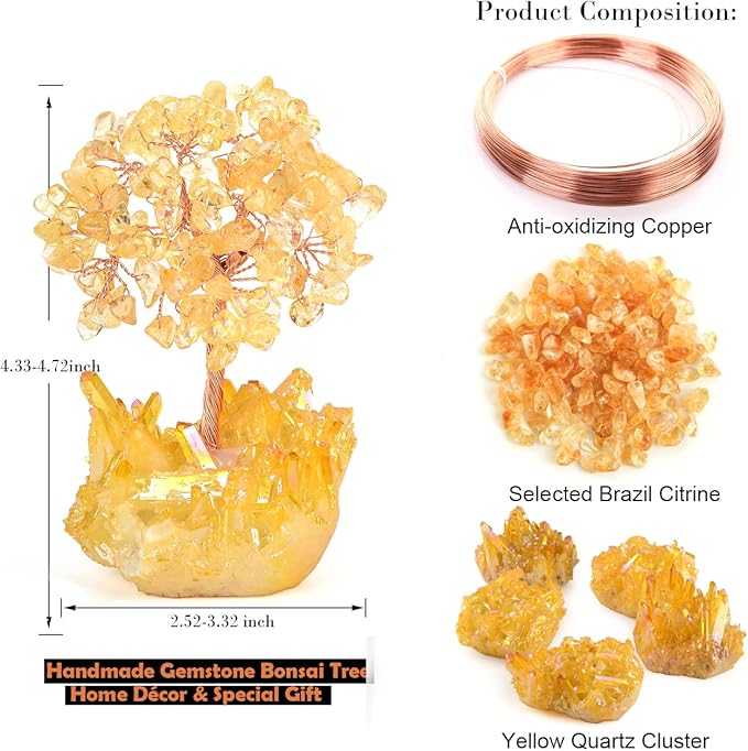 Natural Citrine Crystal Tree of Life,Quartz Cluster Yellow Titanium Base, Positive Energy Feng Shui Bonsai Money Tree Office Desk Home Decor for Wealth and Luck