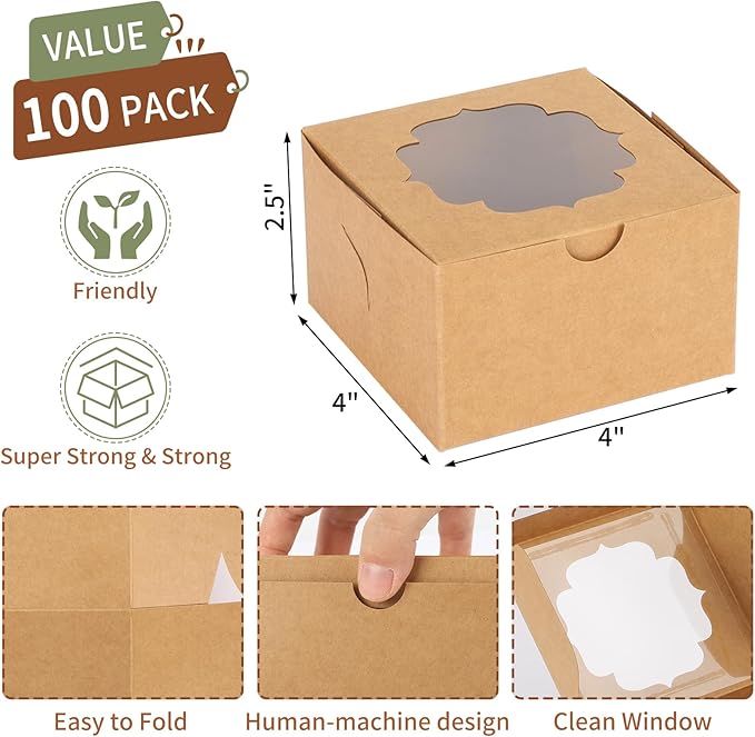 TOMNK 100pcs 4x4x2.5 Small Cookie Boxes, Mini Dessert Boxes with Window for Cupcakes, Macarons, Chocolate,Strawberries, Muffins(Kraft Paper)