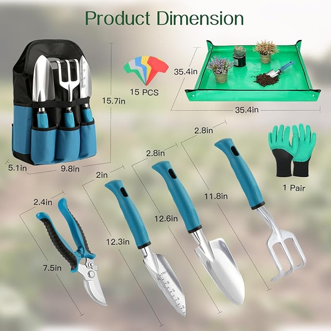 Housolution Gardening Tools Set, 8PCS Heavy Duty Garden Tools with Non-Slip Rubber Grip with Large Garden Bag for Aluminum Alloy Hand Tools for Gardening,Gardening Gifts for Women and Men, Blue+Black