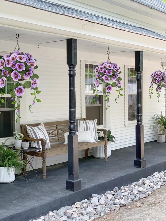 Briful Artificial Hanging Basket Outdoor Light Purple Pansy Fake Flowers Realistic Silk Fall Bloom Faux Flowers Coconut Basket for Home Decor Indoor Farmhouse Balcony Patio Garden