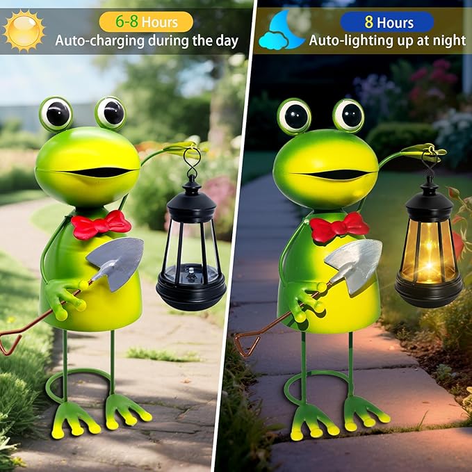 Solar Garden Lights Frog Statue,13.78in Tall Frog with Lantern Waterproof, Christmas Birthday Gifts for Women Mom Grandma, Big Metal Frog Stakes Decorative for Home Front Patio Balcony Yard Art Lawn