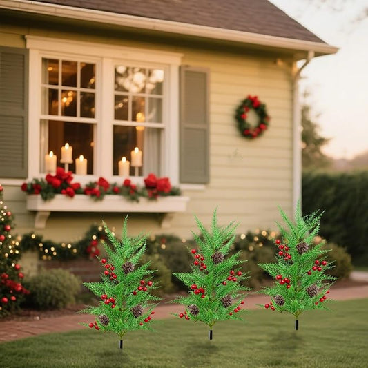 Green Pine Christmas Tree Stake Realistic Decorative Berry Artificial Plants Garden Stakes with Ground Spike (Green 3, One Size)