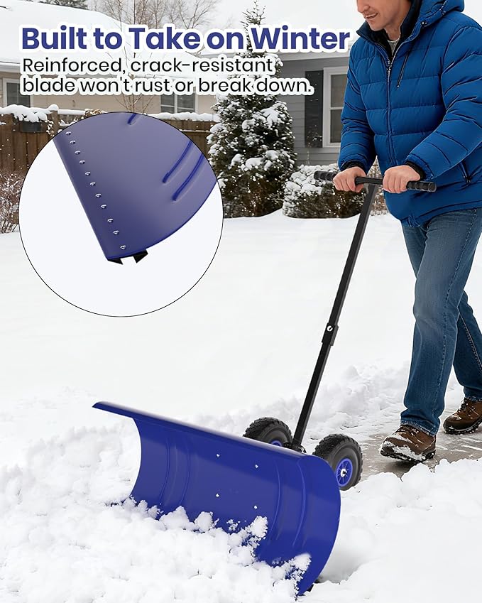 Snow Pusher with Wheels for Driveway, 36" Wide Heavy Duty Steel Blade, 5-Position Angle Adjustment & 60° Tilt Handle, Ergonomic Push Snow Shovel with Ground Protection for Effortless Snow Removal