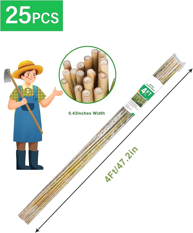4ft Natural Bamboo Plant Stakes for Tomatoes, Beans, Flowers, Potted, Climbing Plants 25pcs