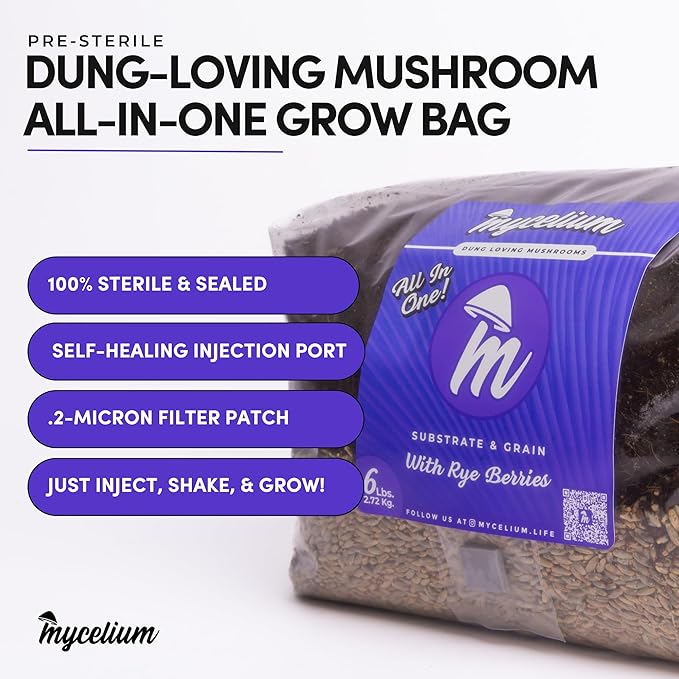 Mycelium 6LB Mushroom Grow Kit | All-in-One CVG Substrate & Rye Berries Grain Bag | Injection Port & Filter Patch | Grow Dung-Loving Mushrooms at Home – Just Add Liquid Culture