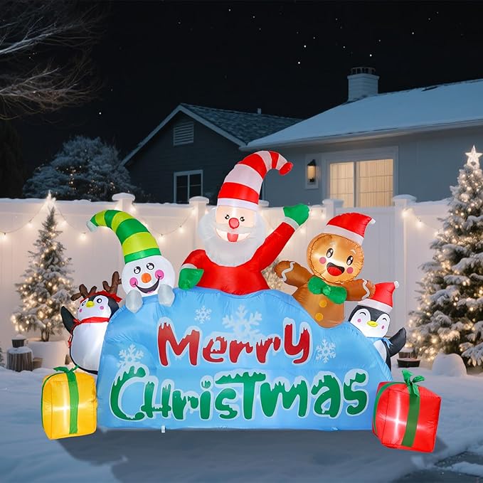 VCUTEKA Christmas Inflatables Outdoor Decorations, 8.6FT Blow Up Santa Claus, Penguins, Snowman, Gingerbread Man, Animated Christmas Inflatable Yard Decoration with LED Lights for Holiday Lawn Garden