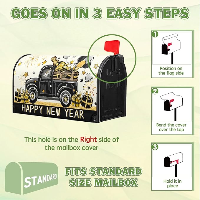 Happy New Year Mailbox Cover Magnetic Standard Size 21x18 Black Truck Mailbox Covers for Winter Holiday Garden Yard Outdoor Decoration