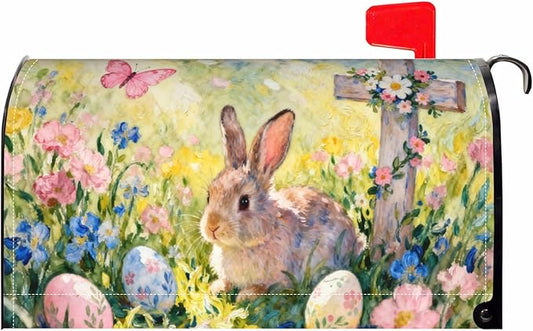 Easter Large Mailbox Covers Magnetic Oversized Cute Bunny Yellow Pink Blue Floral Cross Egg Spring Holiday Outdoor Seasonal Decorative Letter Box Cases for Home Garden Outside Decor, 25.5x21 Inch