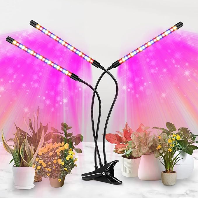 LED Grow Light, 3 Heads Red Blue White Full Spectrum Plant Light with Clamp for Indoor Plants & Seed Starting, 10-Level Dimmable, Auto On Off, Timing 4 9 12Hrs