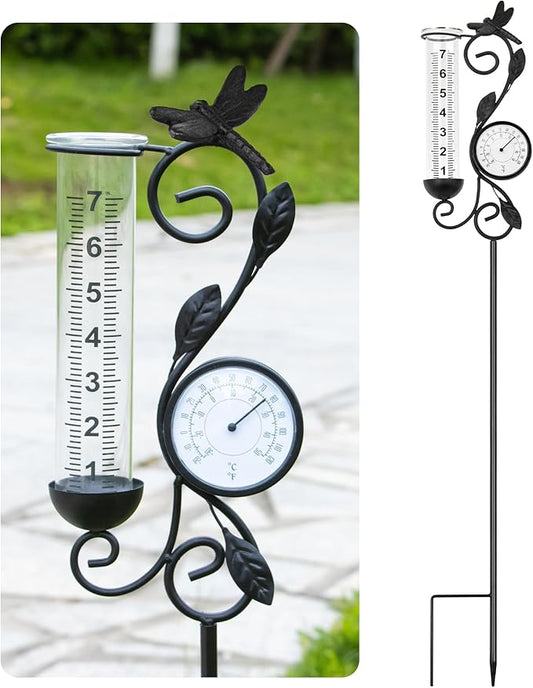 Dragonfly Rain Gauge Garden Decor, 32" Thermometer Patio Decor, 7" Capacity Rain Gauge Replacement Tube Glass, Outdoor Temperature Patio Decor