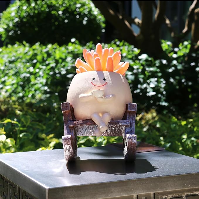Smiley Face Planter Pot, Cute Resin Smile Face Flower Head Plant Pot, Creative Flower Pot for Indoor Outdoor Plants, Funny Home Decoration (Rocking Chair)
