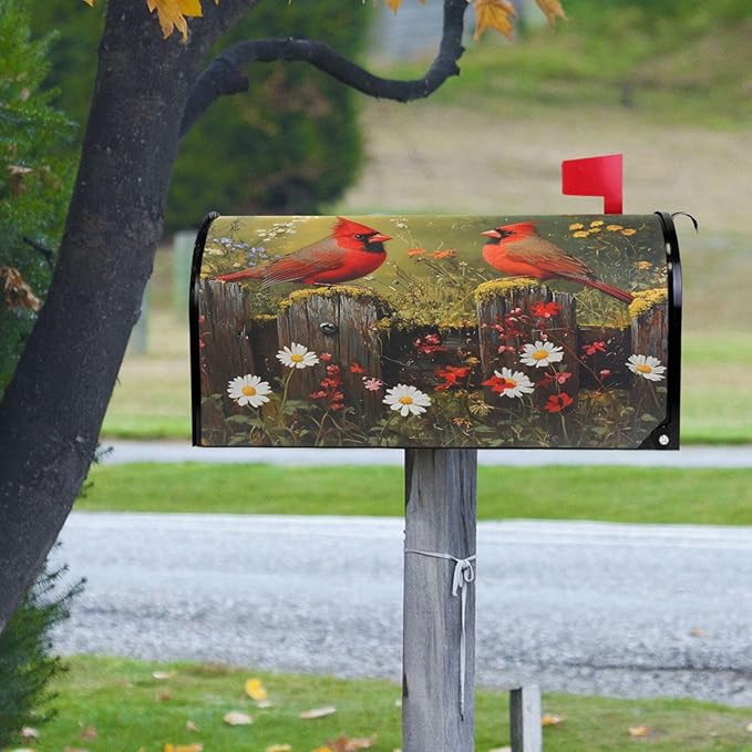 SUABO Mailbox Cover Two Red Cardinals Daisy Oversize Magnetic Mailbox Covers Wraps for Christmas Home Yard Garden Decor