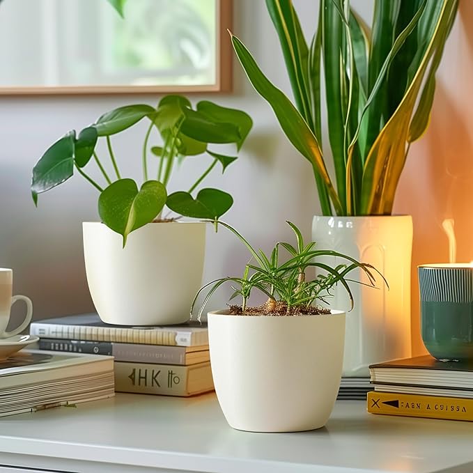 T4U 6 Inch Self Watering Planters Plastic Plant Pot, Modern Decorative Flower Pot/Window Box for All House Plants, Flowers, Herbs, African Violets, Succulents - White, Set of 6
