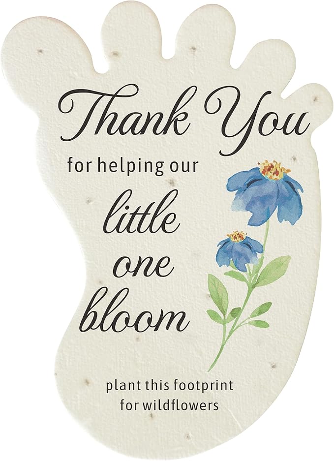 Baby Footprint Seed Paper – 24 pcs Blue Baby Shower Favors for Guests with Wildflower Seeds, Writable & Plantable, Gender Reveal, Birthday Gifts for Guest